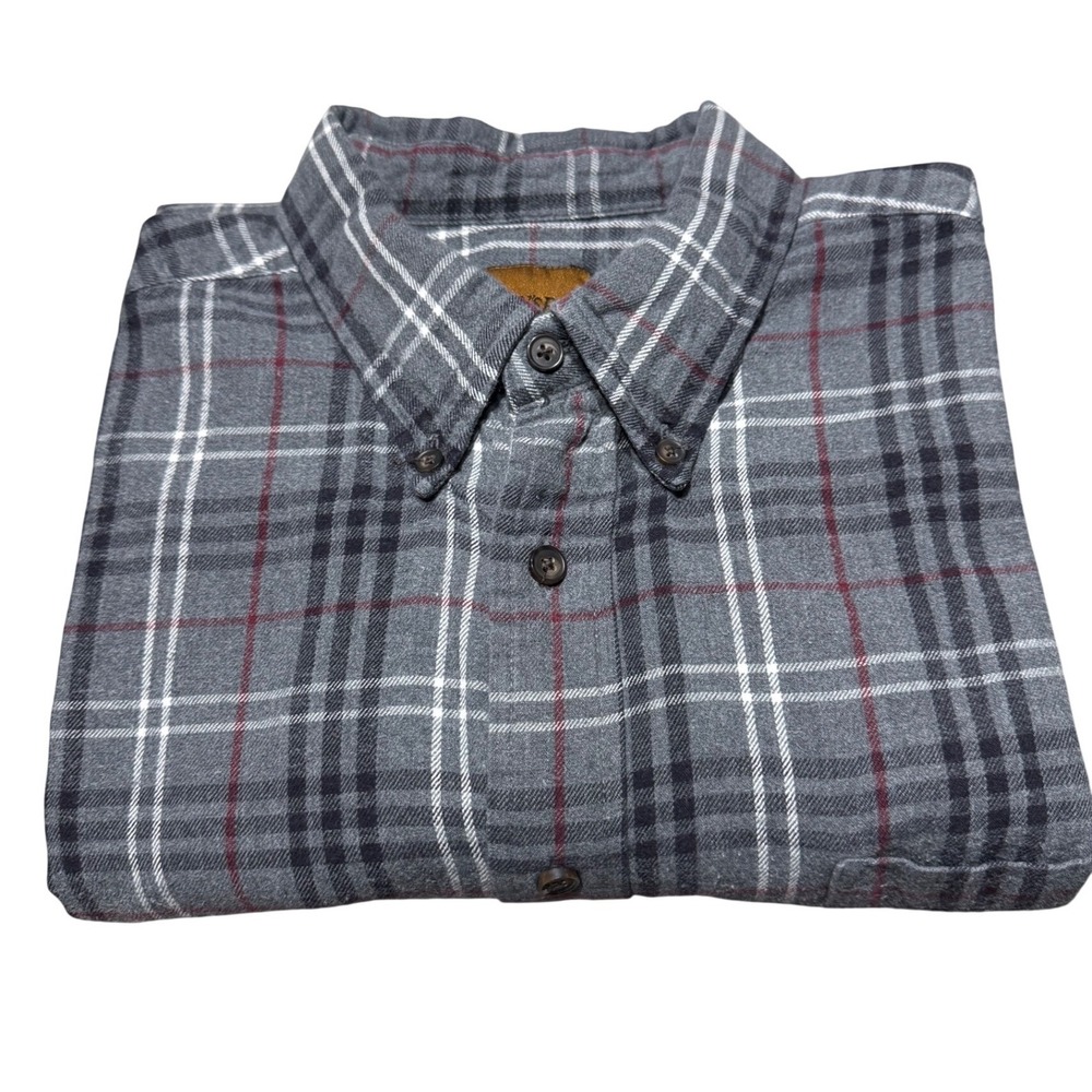 St. Johns Bay Flannel Shirt Mens XL‎ Grey Red Plaid Long Sleeve Cotton